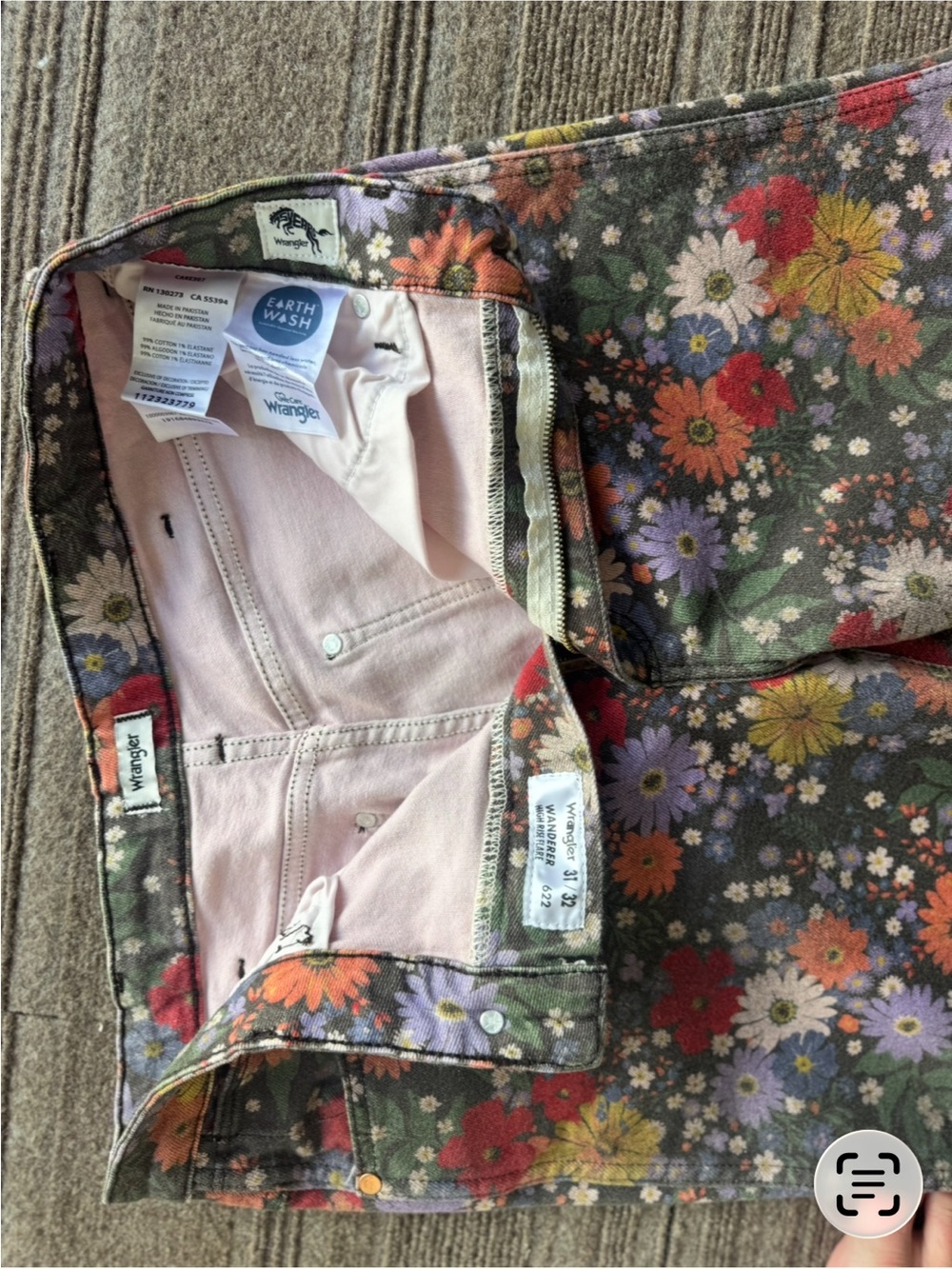 Wrangler Floral Bell Bottom Jeans - Olive Base with Multicolor Blooms - Picture 2 of 2